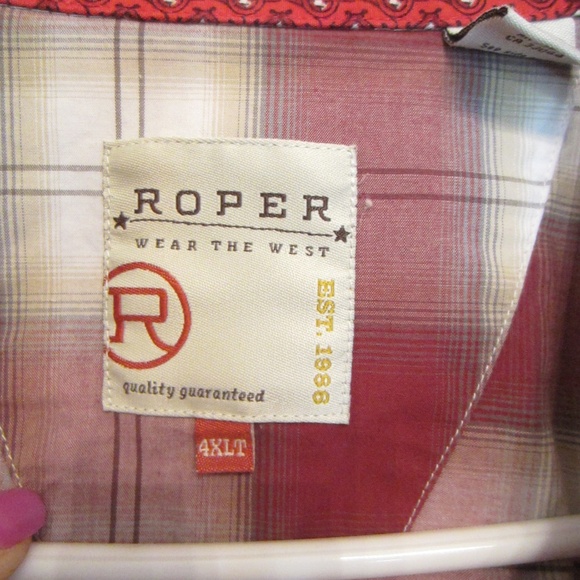 Roper Men's Red/Brown Plaid Long Sleeve Button Down Western Shirt 4XLT - Picture 3 of 6
